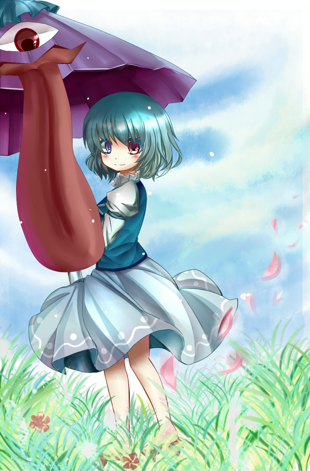 blue_eyes, blue_hair, cloud, clouds, flower, geta, grass, heterochromia