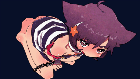 barefoot, blush, body_blush, criminal_girls, feet, game_cg, ichihaya, lowres, nippon_ichi, official_art, red_eyes, red_hair, redhead, sako_(criminal_girls), short_hair, simple_background, soles, solo, striped, toes
