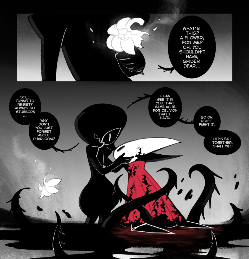 2girls, ange_(angeban93), arthropod_girl, black_skin, cloak, colored_skin, colored_speech_bubble, english_text