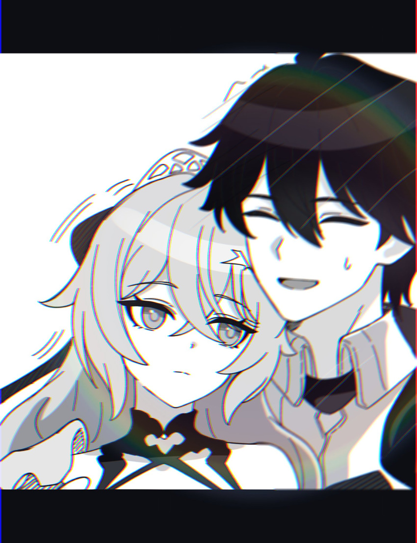 1boy, 1girl, adam_(honkai_impact), bronya_zaychik, bronya_zaychik_(silverwing:_n-ex), closed_eyes, closed_mouth, commentary