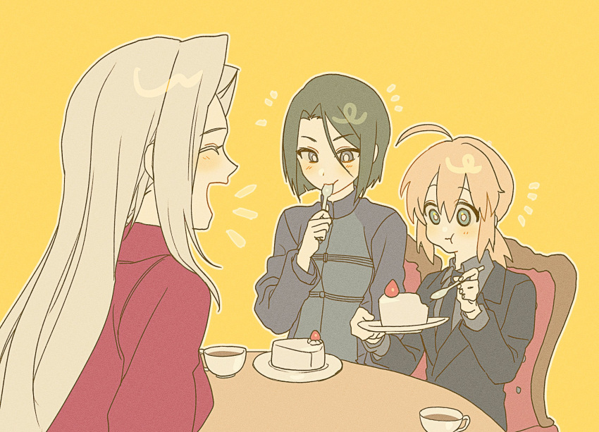 0304rong0304, 3girls, ahoge, androgynous, artoria_pendragon_(fate), black_eyes, black_hair, black_jacket