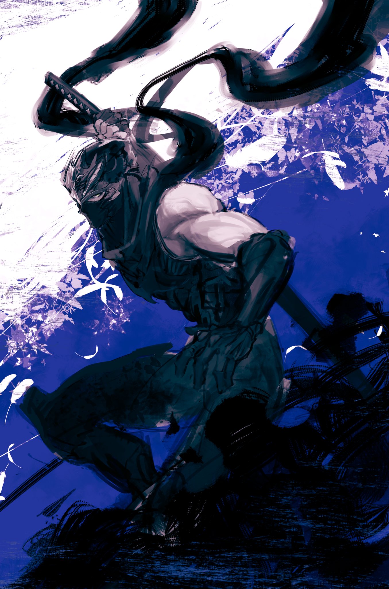 1boy, bare_shoulders, black_scarf, commentary_request, floating_scarf, highres, holding, holding_sword