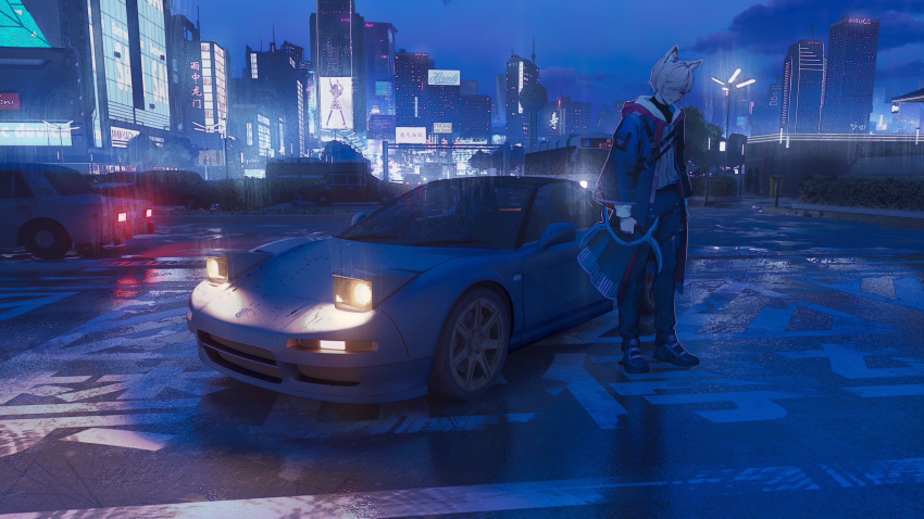 1boy, absurdres, animal_ears, building, car, character_request, city, city_lights