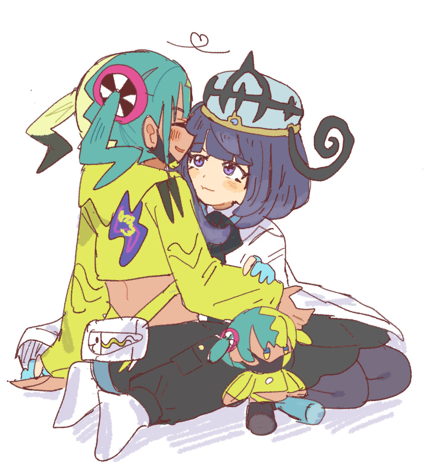 2girls, bad_id, bad_pixiv_id, black_dress, black_hair, blonde_hair, blue_gloves, blue_hair, blush, canari_(pokemon), canari_plush_(pokemon), character_doll, closed_eyes, closed_mouth, coat, cropped_jacket, dark-skinned_female, dark_skin, doll, dress, gloves, gwynn_(pokemon), han0579, heart, highres, long_hair, looking_at_another, multicolored_hair, multiple_girls, open_clothes, open_coat, open_mouth, pantyhose, partially_fingerless_gloves, pokemon, pokemon_legends:_z-a, seiza, short_hair, sitting, split-color_hair, twintails, two-tone_hair, very_long_hair, violet_eyes, white_background, white_coat, yuri