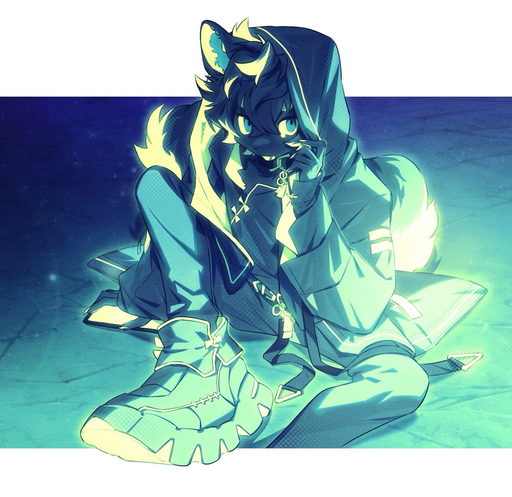 1boy, blue_eyes, blue_fur, blue_hair, body_fur, collar, colored_tips, commentary, dog_boy, foot_out_of_frame, fuji_166, furry, furry_male, glowing, glowing_hair, green_hair, green_jacket, hood, hood_up, jacket, knee_up, looking_at_viewer, male_focus, multicolored_hair, original, shoes, short_hair, sitting, sneakers, solo, symbol-only_commentary, tail, teardrop