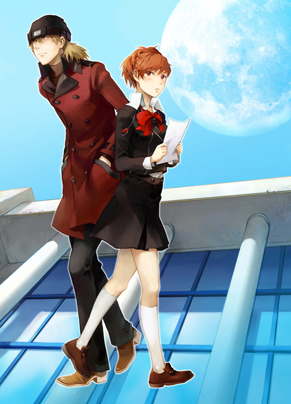 1girl, aragaki_shinjirou, beanie, brown_eyes, brown_hair, couple, female_protagonist_(persona_3), full_moon