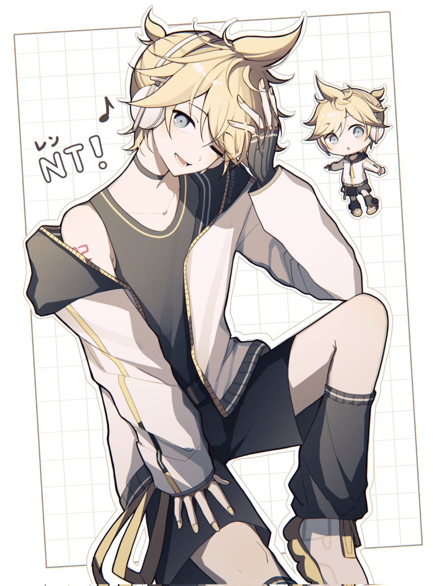1boy, ;d, ahoge, art_waven, black_choker, black_gloves, black_hood, black_shirt
