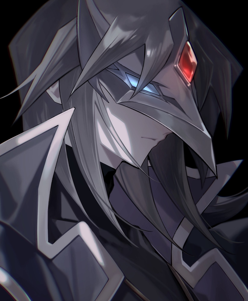 1boy, black_background, black_jacket, black_shirt, closed_mouth, dark_persona, from_side, highres