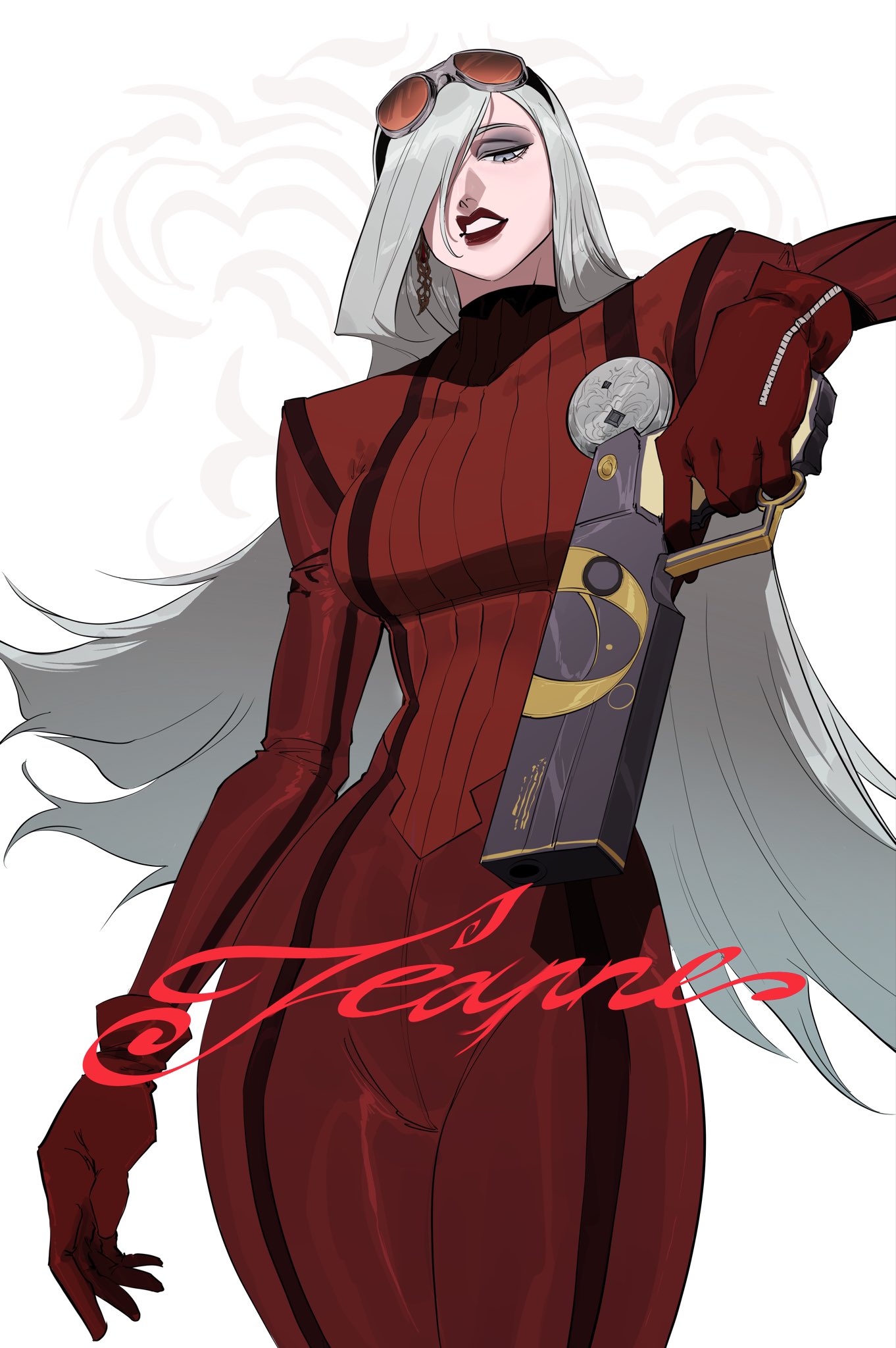 1girl, all_4_one_(bayonetta), bayonetta_(series), bayonetta_2, blue_eyes, bodysuit, character_name, cowboy_shot