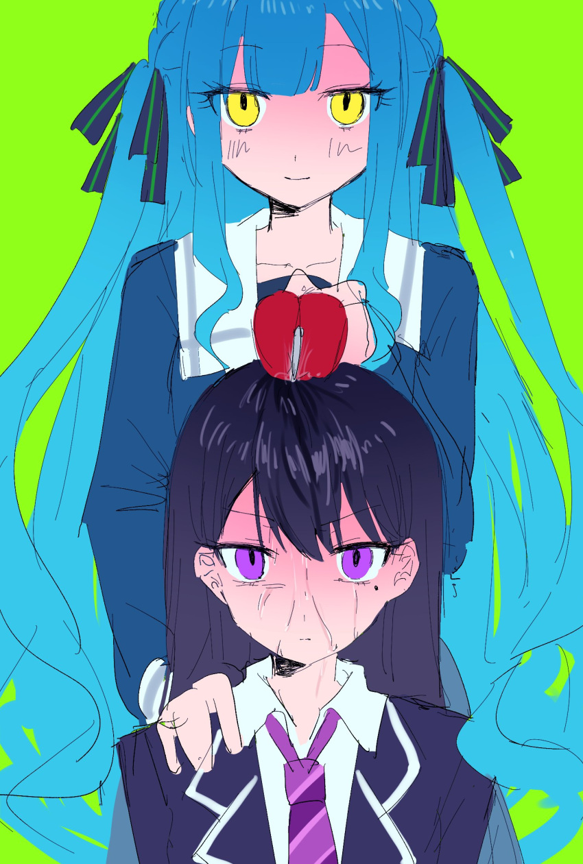 2girls, apple, apple_on_head, bang_dream!, bang_dream!_it's_mygo!!!!!, birthday1730225, black_ribbon, blue_hair