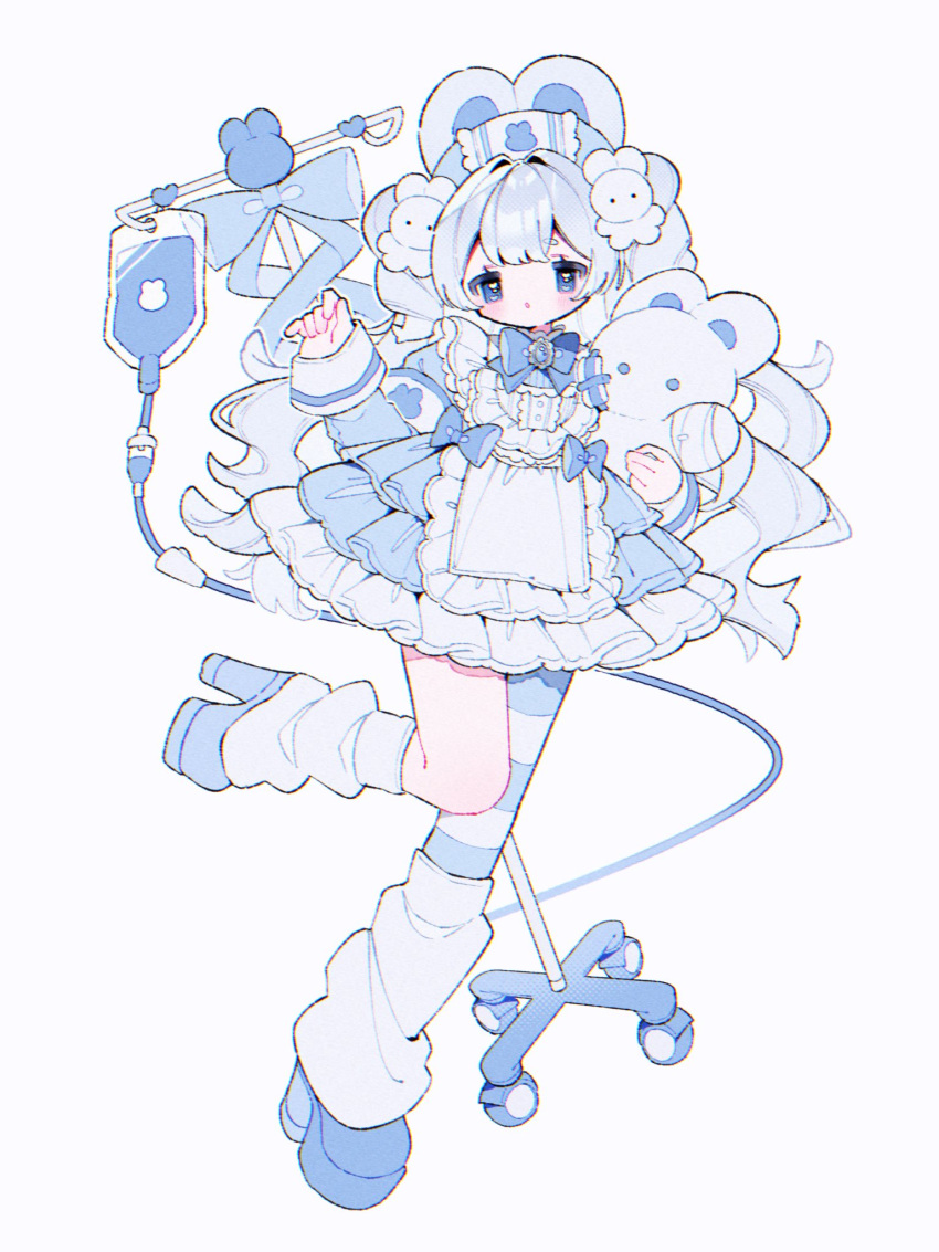 1girl, :o, animal_ears, apron, asymmetrical_legwear, blue_bow, blue_bowtie, blue_dress