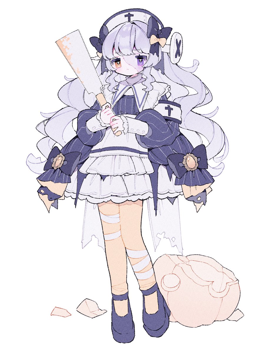 1girl, bandaged_leg, bandages, blue_shoes, closed_mouth, commentary, frilled_skirt, frills