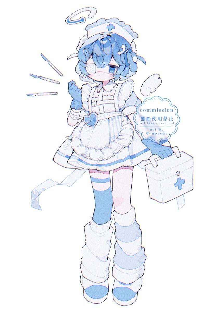 1girl, apron, artist_name, asymmetrical_legwear, blue_dress, blue_eyes, blue_gloves, blue_hair