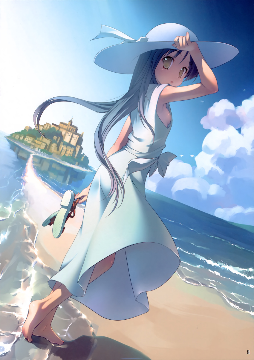 1girl, armpits, barefoot, beach, black_hair, breasts, brown_eyes, cloud, dress, dutch_angle, feet, hand_on_hat, hat, highres, holding, holding_shoes, kogemashita, long_hair, looking_back, mont_st-michel, no_bra, ocean, original, sandals, sideboob, sky, solo, summer_dress, sun_hat, sundress, takoyaki, takoyaki_(roast), town, water, white_hat