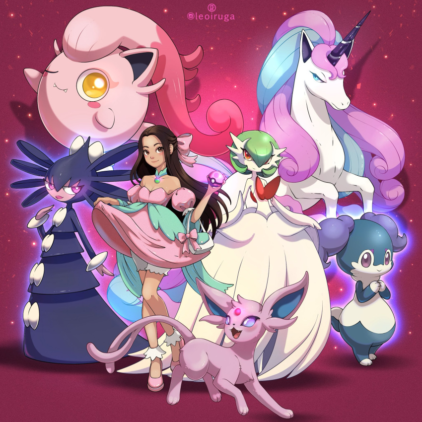 1girl, artist_name, black_hair, blue_eyes, bob_cut, bow, colored_skin, commission, dress, elbow_gloves, espeon, forehead_jewel, galarian_rapidash, gardevoir, gloves, gothitelle, green_hair, hair_bow, hair_over_one_eye, highres, holding, holding_poke_ball, indeedee, indeedee_(female), leoiruga, long_hair, mega_gardevoir, mega_pokemon, pink_bow, pink_dress, pink_eyes, pink_shoes, pink_skin, poke_ball, pokemon, pokemon_(creature), purple_fur, scream_tail, shoes, strapless, strapless_dress, unicorn, violet_eyes, white_dress, white_gloves, yellow_eyes