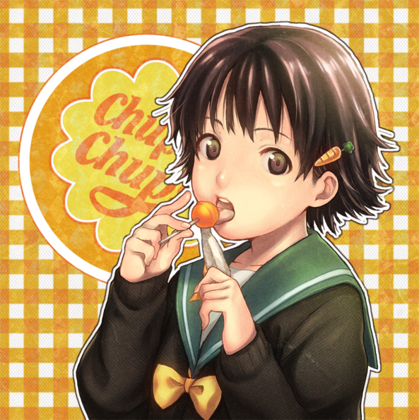 brown_eyes, brown_hair, bust, candy, chupa_chups, hair_ornament, hairpin, kaida_bola