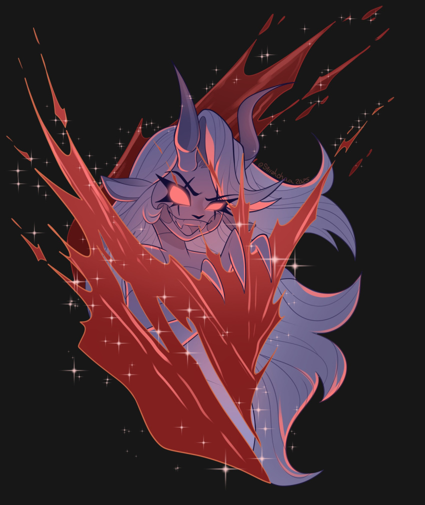 1girl, absurdres, artist_name, black_background, blood, blush_stickers, charlie_morningstar, demon