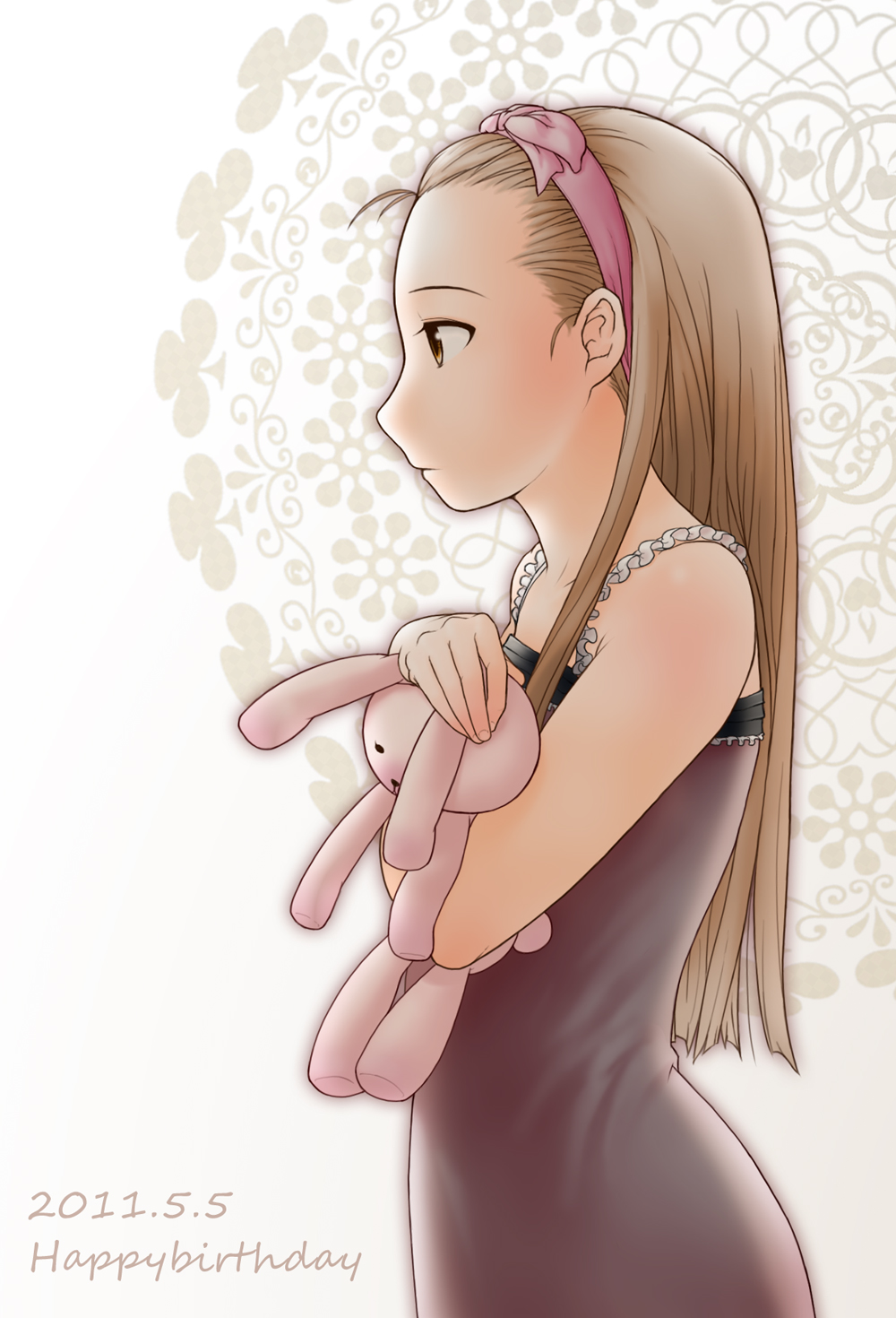 bare_shoulders, brown_eyes, brown_hair, bunny, dress, hairband, highres, hug