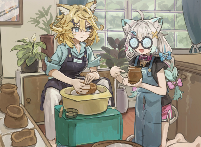 2girls, ahoge, animal_ears, apron, aqua_hair, aqua_shirt, black_apron, black_shirt