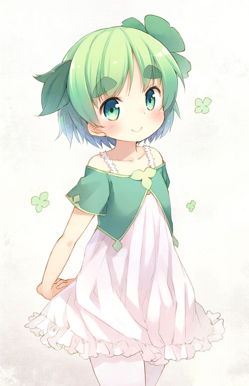 arms_behind_back, bad_id, blush, clover, dress, eyebrows, four-leaf_clover, green_eyes