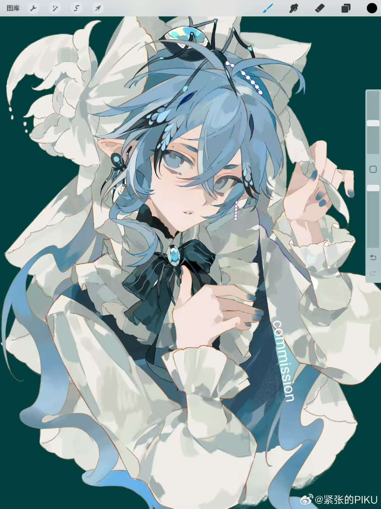 1boy, bad_source, black_bow, black_bowtie, blue_eyes, blue_hair, bow, bowtie