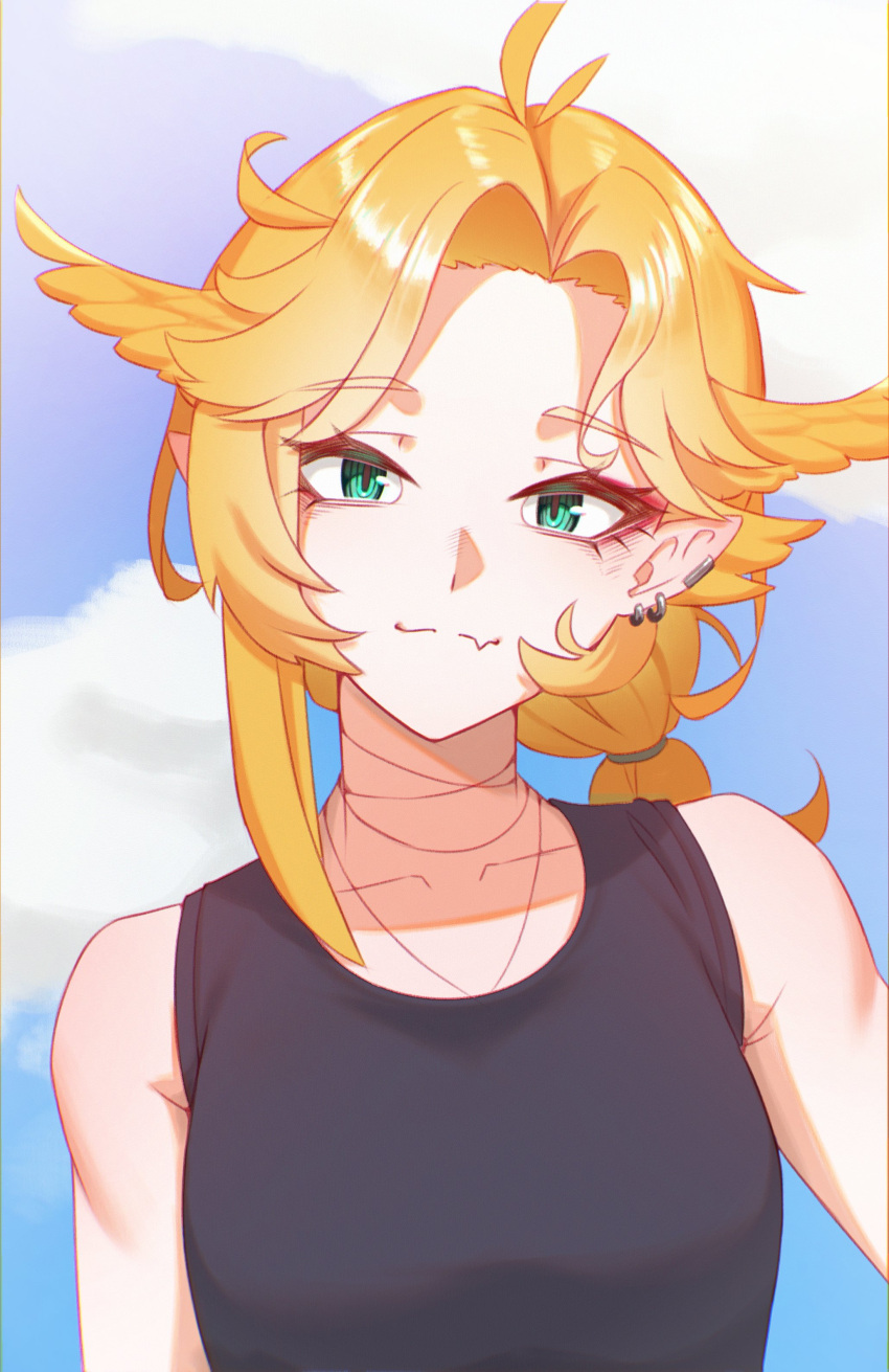 1girl, absurdres, aqua_eyes, black_tank_top, blonde_hair, closed_mouth, clouds, day