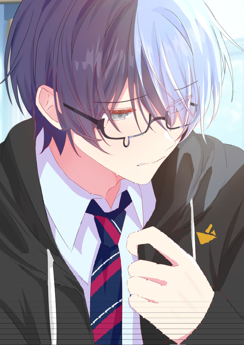 1boy, aoyagi_touya, bespectacled, black_jacket, blue_hair, diagonal-striped_clothes, diagonal-striped_necktie, drawstring