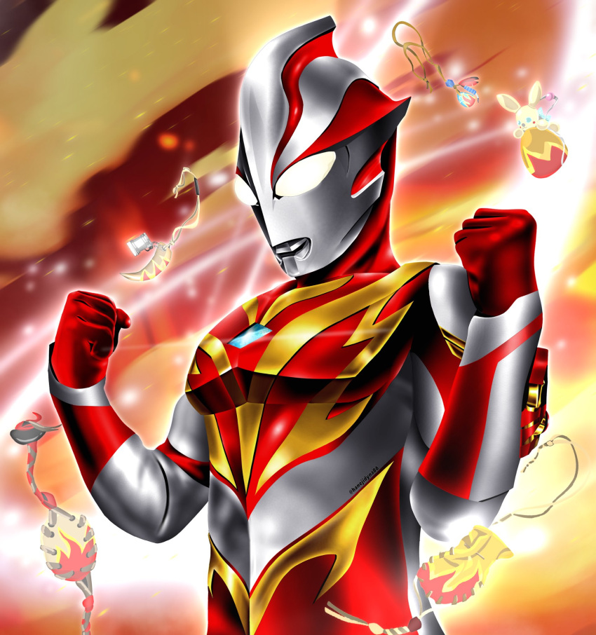 1boy, alien, animal_charm, arm_guards, charm_(object), clenched_hands, collarbone, color_timer