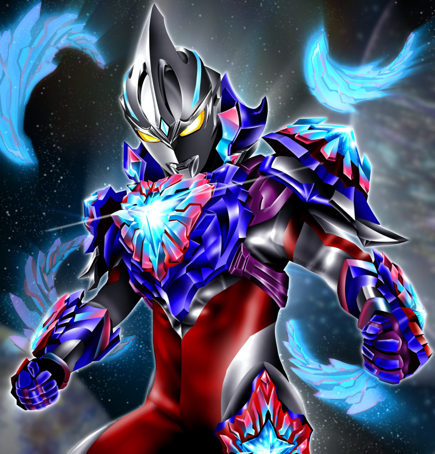 1boy, abs, alien, armor, black_skin, black_sky, blue_armor, blue_gemstone