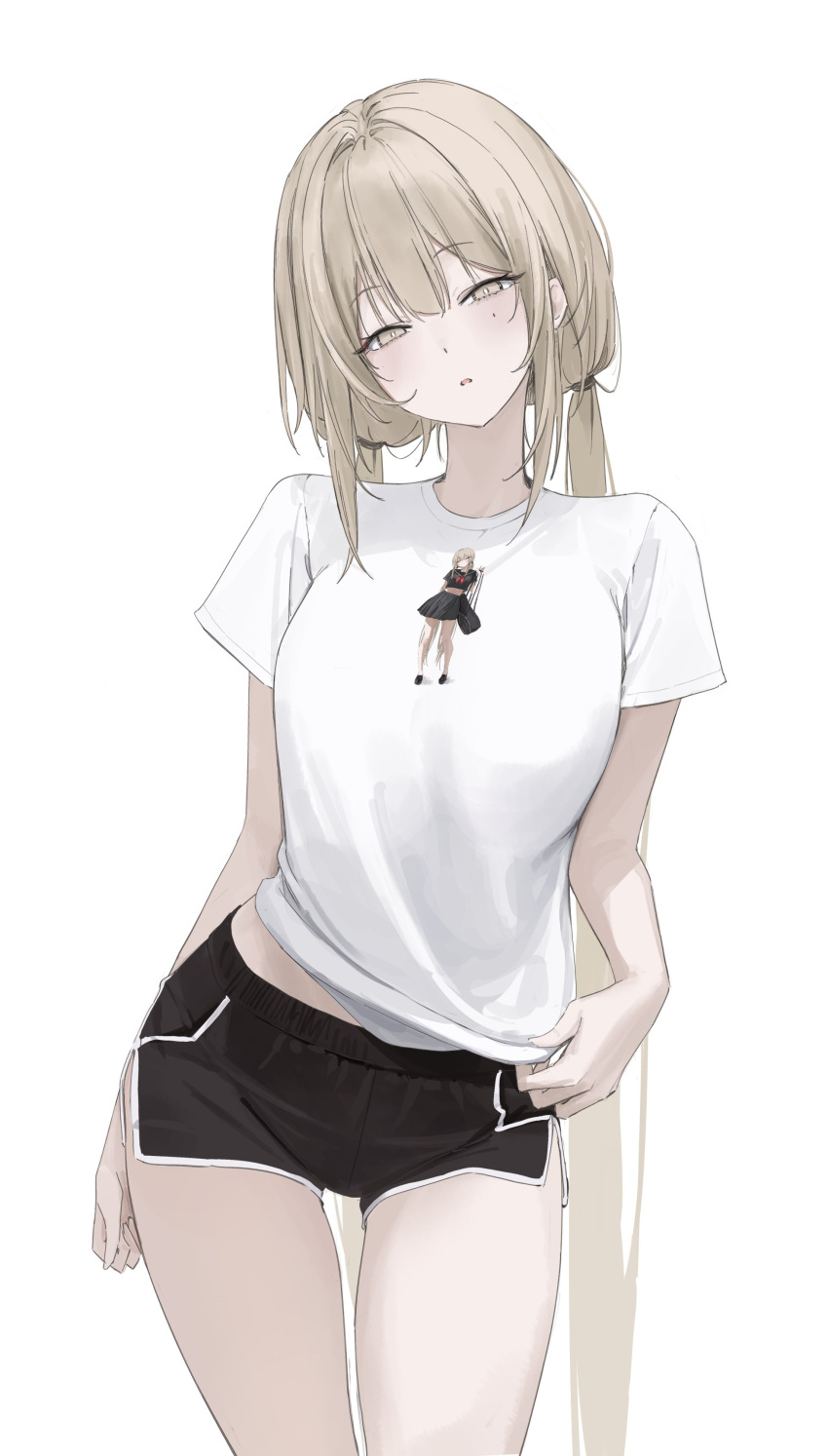 1girl, absurdres, black_shorts, blonde_hair, blush, commentary_request, dolphin_shorts, eyelashes