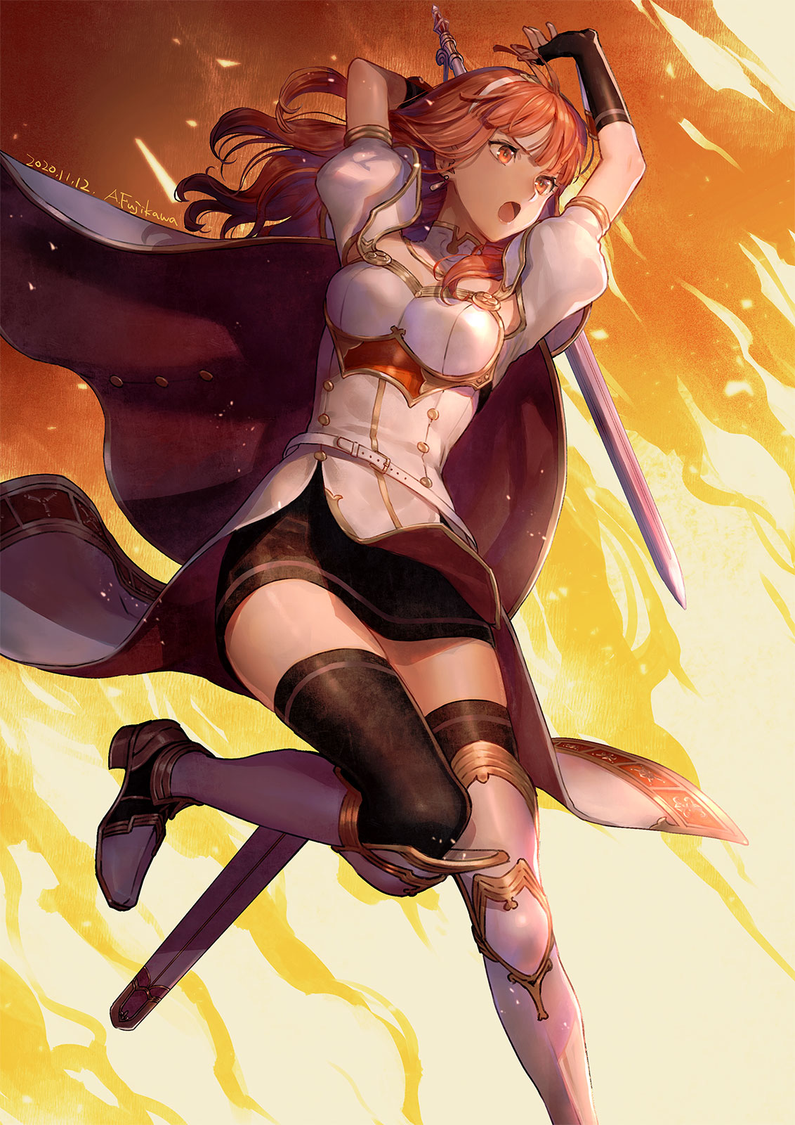 1girl, armor, black_skirt, black_thighhighs, breastplate, cape, celica_(fire_emblem), fire_emblem