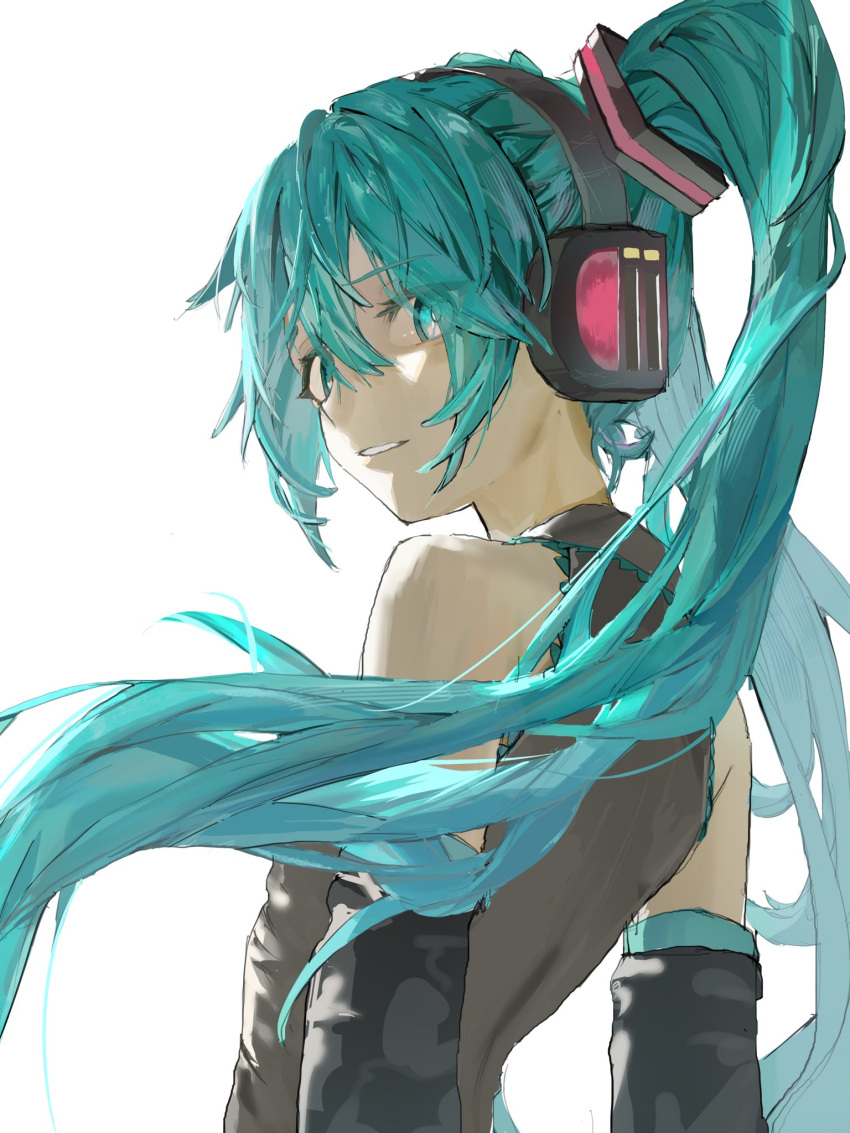 1girl, blue_eyes, blue_hair, commentary, detached_sleeves, from_behind, hair_ornament, hashtag-only_commentary