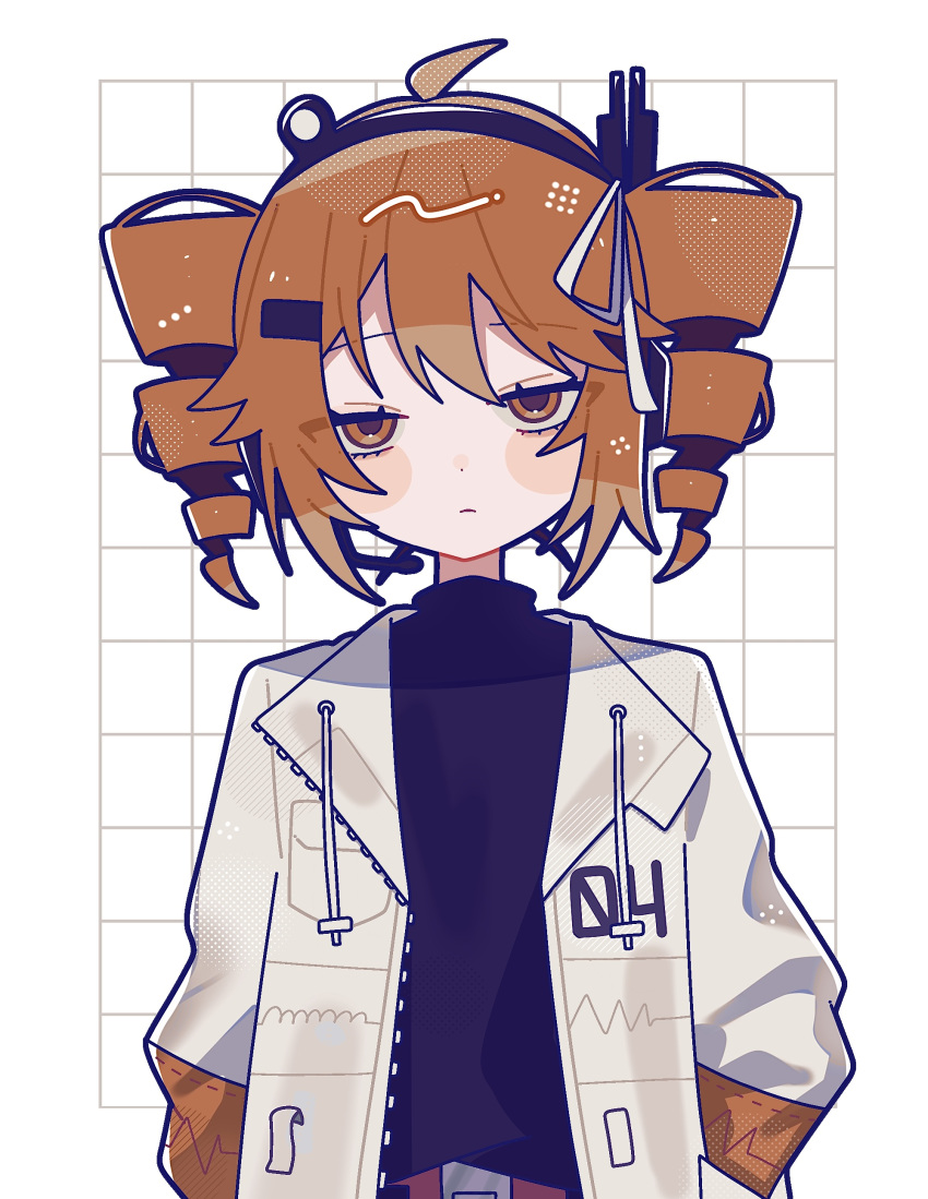 1girl, absurdres, adachi_rei, adachi_rei_(cosplay), ahoge, black_shirt, blush_stickers, closed_mouth, commentary, cosplay, dot_nose, drawstring, drill_hair, grid_background, hair_ribbon, headset, highres, jacket, kasane_teto, long_sleeves, looking_at_viewer, okayu_(cwtv7823), open_clothes, open_jacket, red_eyes, red_hair, ribbon, shirt, short_hair, solo, twin_drills, twintails, upper_body, utau, white_background, white_jacket, white_ribbon