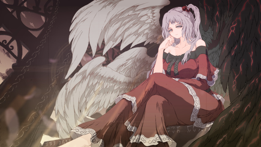 1girl, alternate_wings, asymmetrical_wings, barefoot, black_ribbon, black_wings, breasts, capelet, collarbone, colored_eyelashes, commentary, crossed_legs, dress, feathered_wings, grey_hair, hair_bobbles, hair_ornament, highres, large_breasts, long_hair, looking_at_viewer, mismatched_wings, multiple_wings, nukekip, one_side_up, pixel_art, red_capelet, red_dress, ribbon, shinki_(touhou), sitting, solo, touhou, touhou_(pc-98), white_wings, wings