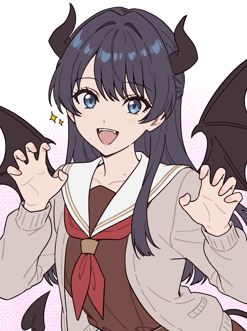 1girl, arms_up, black_hair, blue_eyes, claw_pose, commentary_request, demon_horns, demon_tail, demon_wings, fangs, happy, hasu_no_sora_school_uniform, highres, horns, jacket, light_blush, link!_like!_love_live!, long_hair, looking_at_viewer, love_live!, maro_(yuhomaro), mole, mole_on_neck, murano_sayaka, pink_nails, revision, school_uniform, smile, solo, sparkle, tail, two-tone_background, wings, winter_uniform