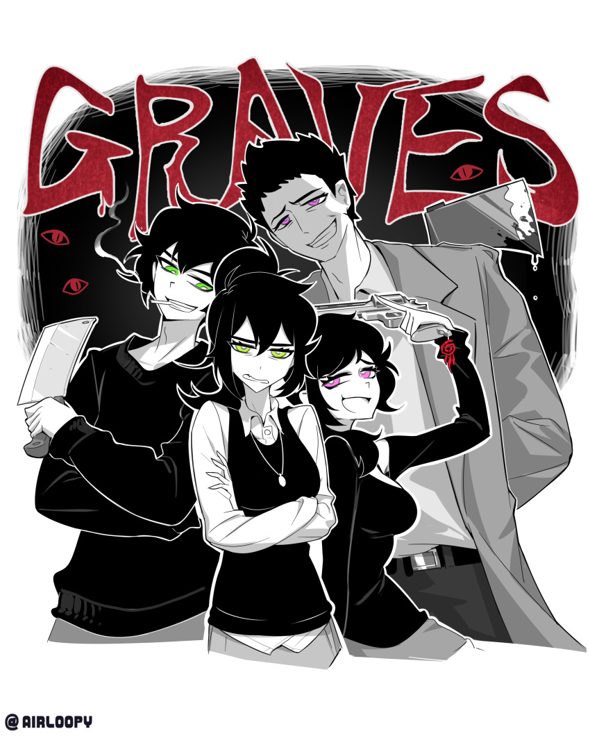 2boys, 2girls, :d, absurdres, ahoge, aierlaobo, alternate_universe, andrew_graves