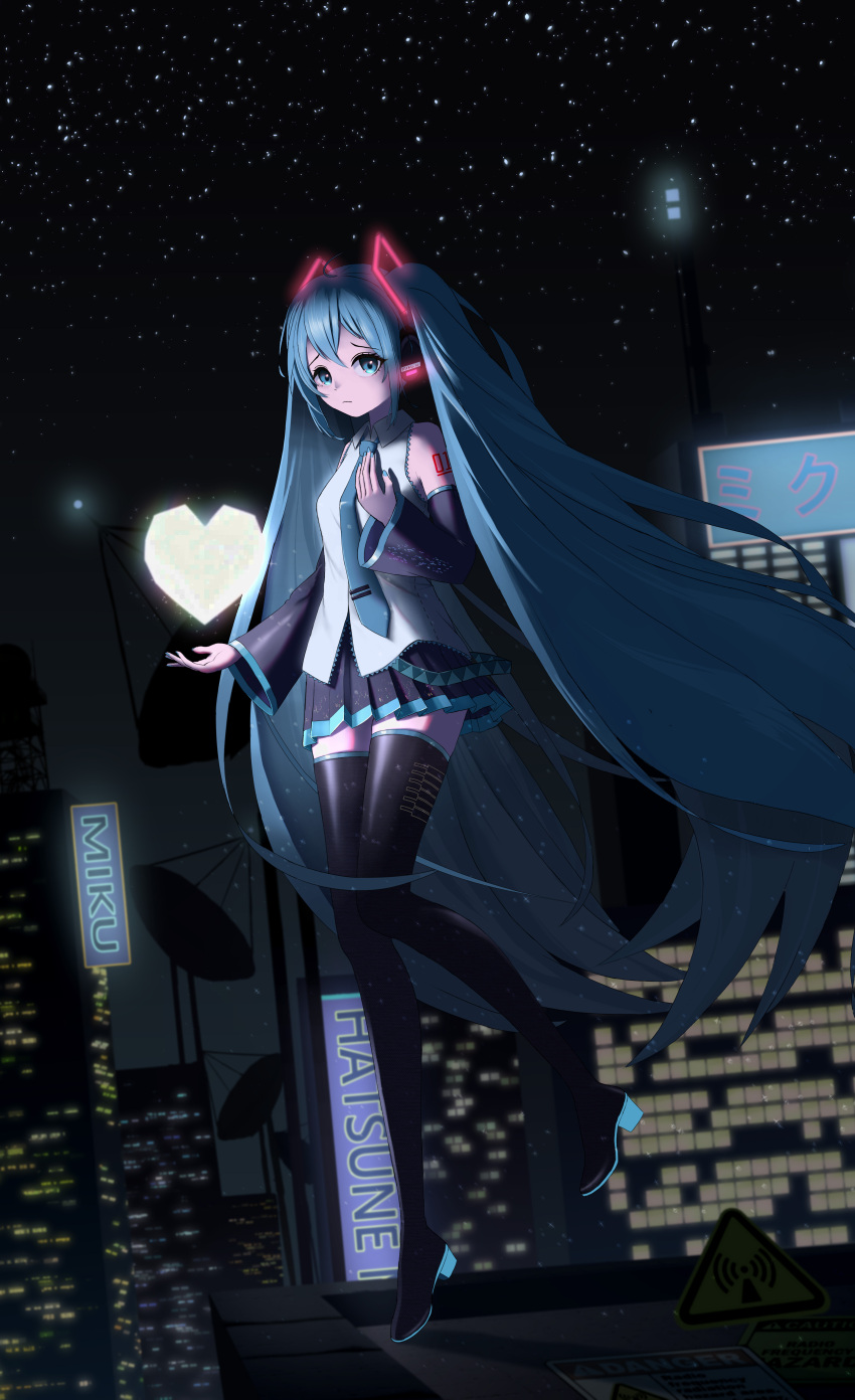 1girl, absurdres, detached_sleeves, hatsune_miku, highres, loadhe, long_hair, miniskirt, self-upload, skirt, thigh-highs, vocaloid