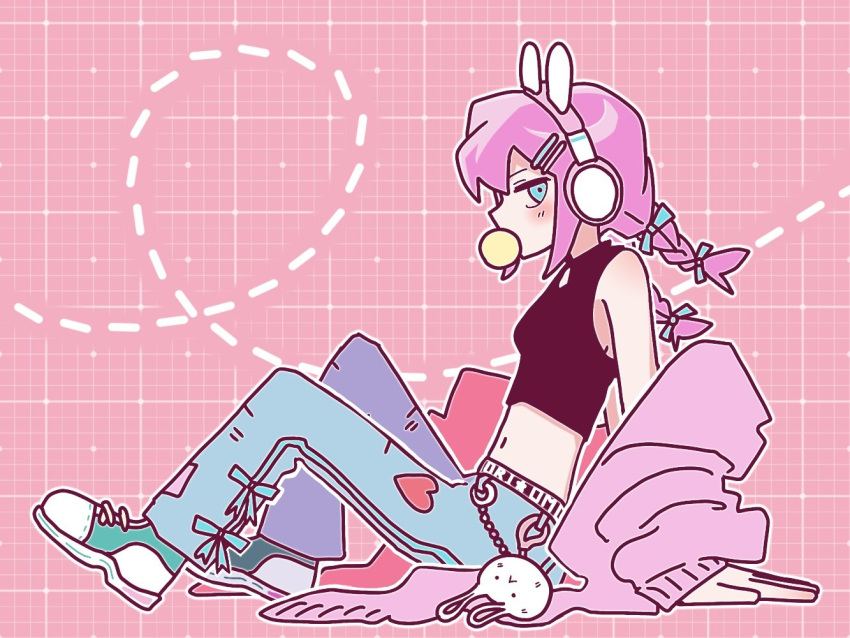 1girl, animal_ear_headphones, animal_ears, arm_support, aubrey_(birthday)_(omori), aubrey_(faraway)_(omori), aubrey_(omori), blowing_bubble_gum