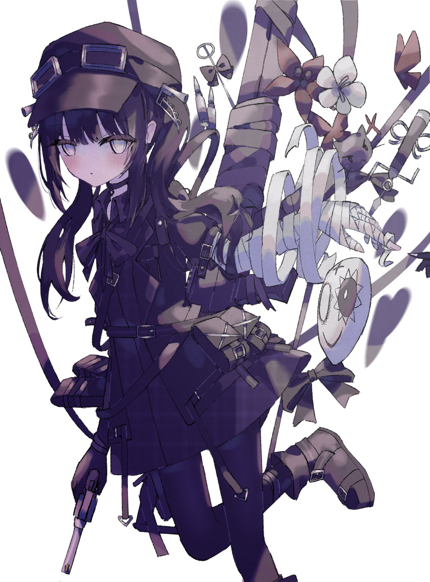 1girl, absurdres, black_boots, black_choker, black_hair, black_hat, black_jacket, black_pantyhose, boots, choker, foopy, goggles, goggles_on_head, grey_eyes, hat, highres, jacket, kurobe_nanoka, looking_at_viewer, mahou_shoujo_no_majo_saiban, pantyhose, simple_background, solo, white_background