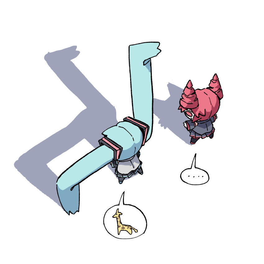 2girls, absurdly_long_hair, cat_shadow_puppet_(meme), chibi, chibi_only, commentary, detached_sleeves, drill_hair