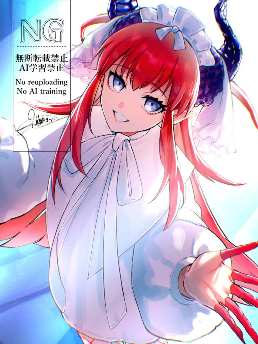 1girl, backlighting, blue_eyes, breasts, curled_horns, dragon_horns, dress, elizabeth_bathory_(avenger)_(fate)