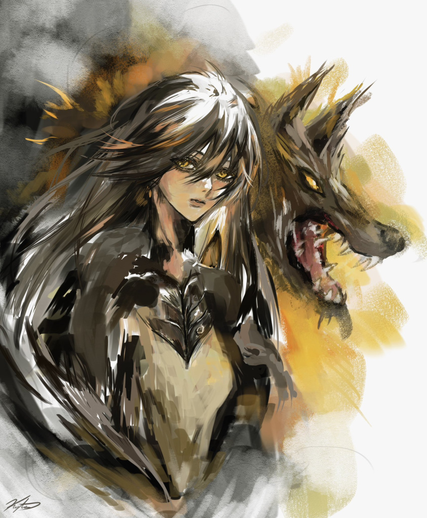 1girl, animal, bags_under_eyes, black_hair, commentary, effie_(shadow_slave), english_commentary, fading, fur_trim, hair_flowing_over, highres, kyta_5, long_hair, looking_at_viewer, open_mouth, serious, shadow_slave, sharp_teeth, solo, teeth, upper_body, wolf, yellow_eyes