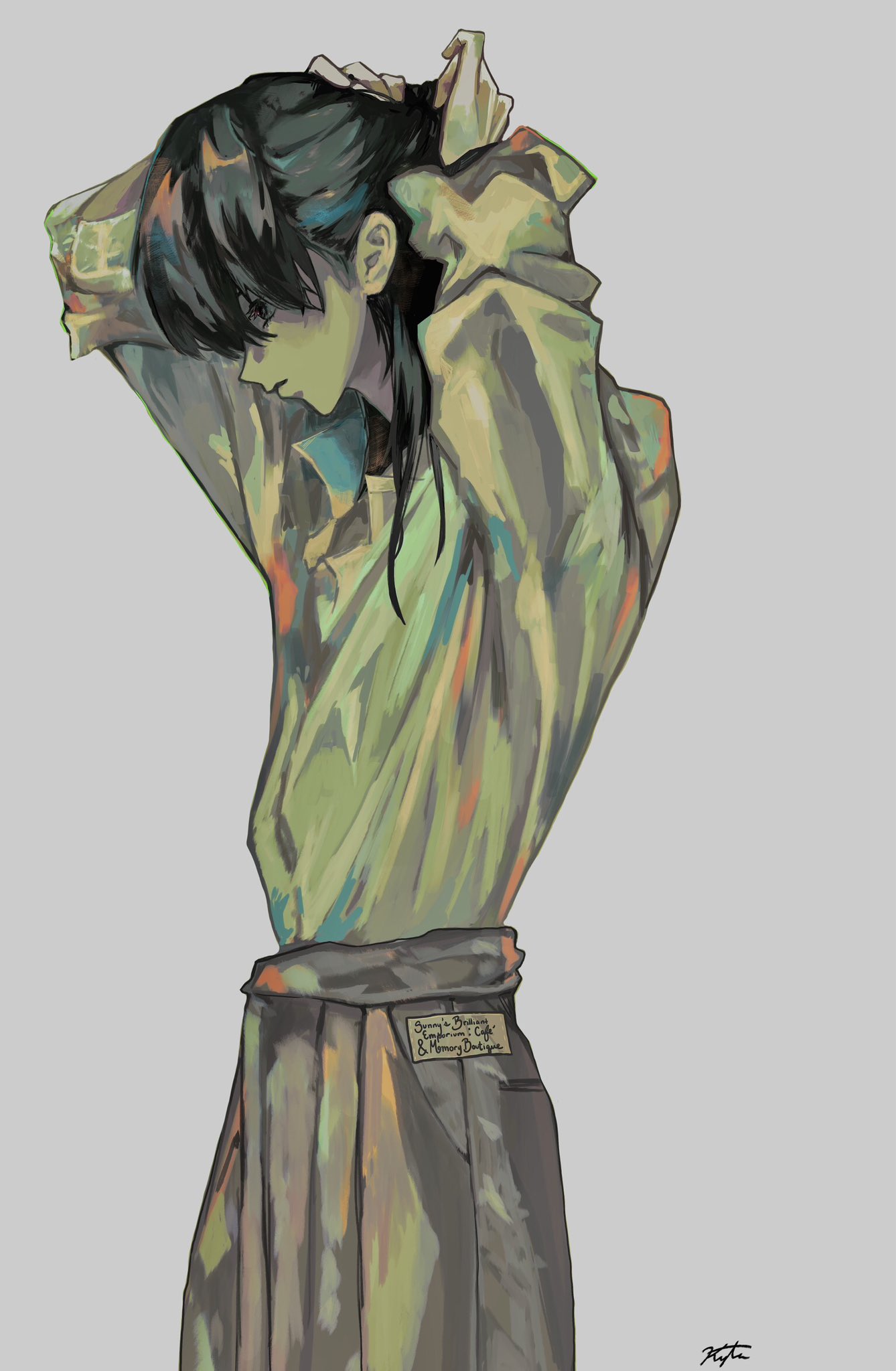 1boy, arms_up, black_eyes, black_hair, commentary, cowboy_shot, english_commentary, highres