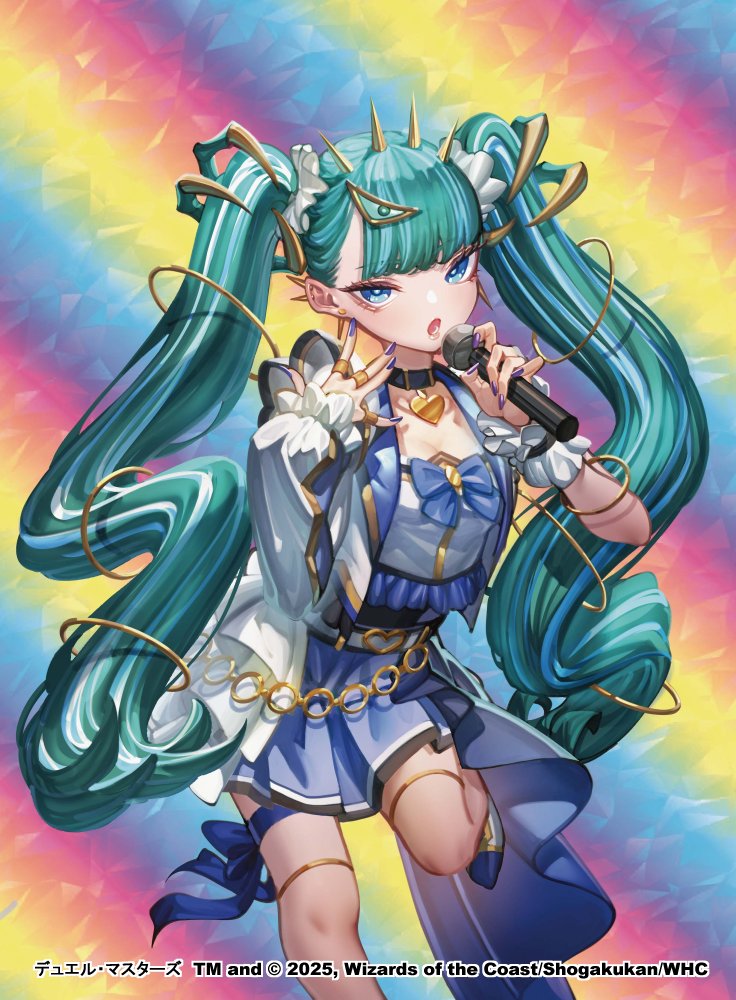 1girl, 2025, aqua_hair, blue_eyes, copyright_notice, duel_masters, gamazou, hair_ornament