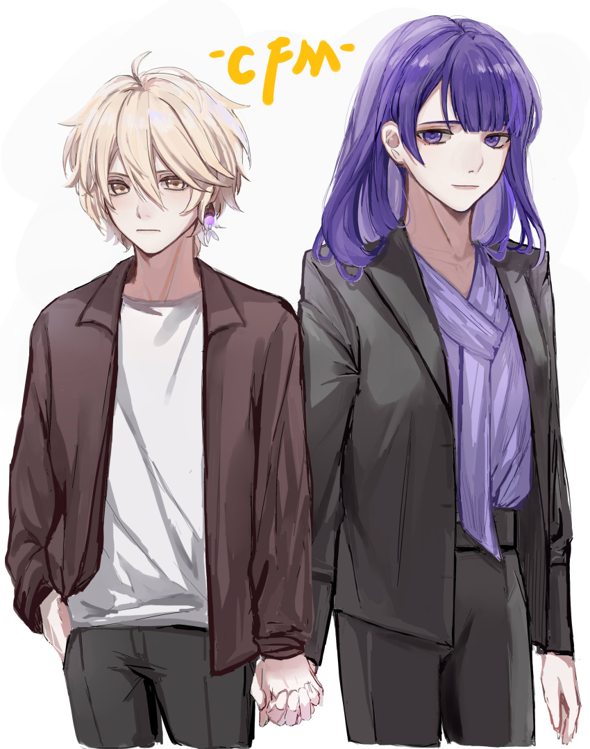 1boy, 1girl, absurdres, aether_(genshin_impact), ahoge, alternate_costume, alternate_universe, artist_name, black_jacket, black_pants, black_suit, blonde_hair, blunt_bangs, brown_jacket, chifeimu, chinese_commentary, closed_mouth, collared_jacket, contemporary, couple, earrings, expressionless, friends, genshin_impact, gradient_hair, hair_between_eyes, hand_in_pocket, highres, holding_hands, jacket, jewelry, long_hair, long_sleeves, looking_to_the_side, mole, mole_under_eye, multicolored_hair, pants, purple_hair, purple_shirt, raiden_shogun, shade, shirt, simple_background, single_earring, standing, suit, upper_body, violet_eyes, white_background, white_shirt, yellow_eyes