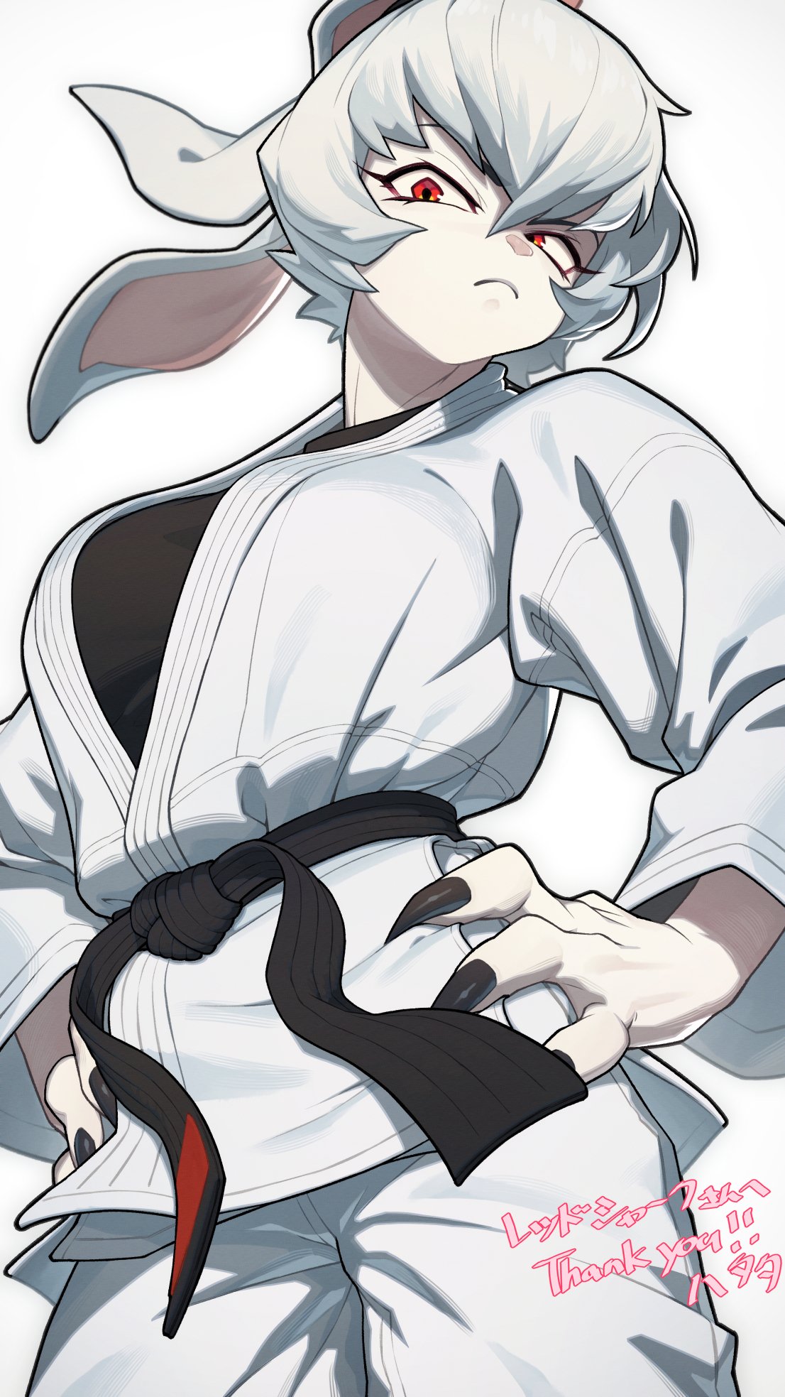 1girl, animal_ears, animal_nose, belt, black_belt, black_claws, black_shirt, breasts