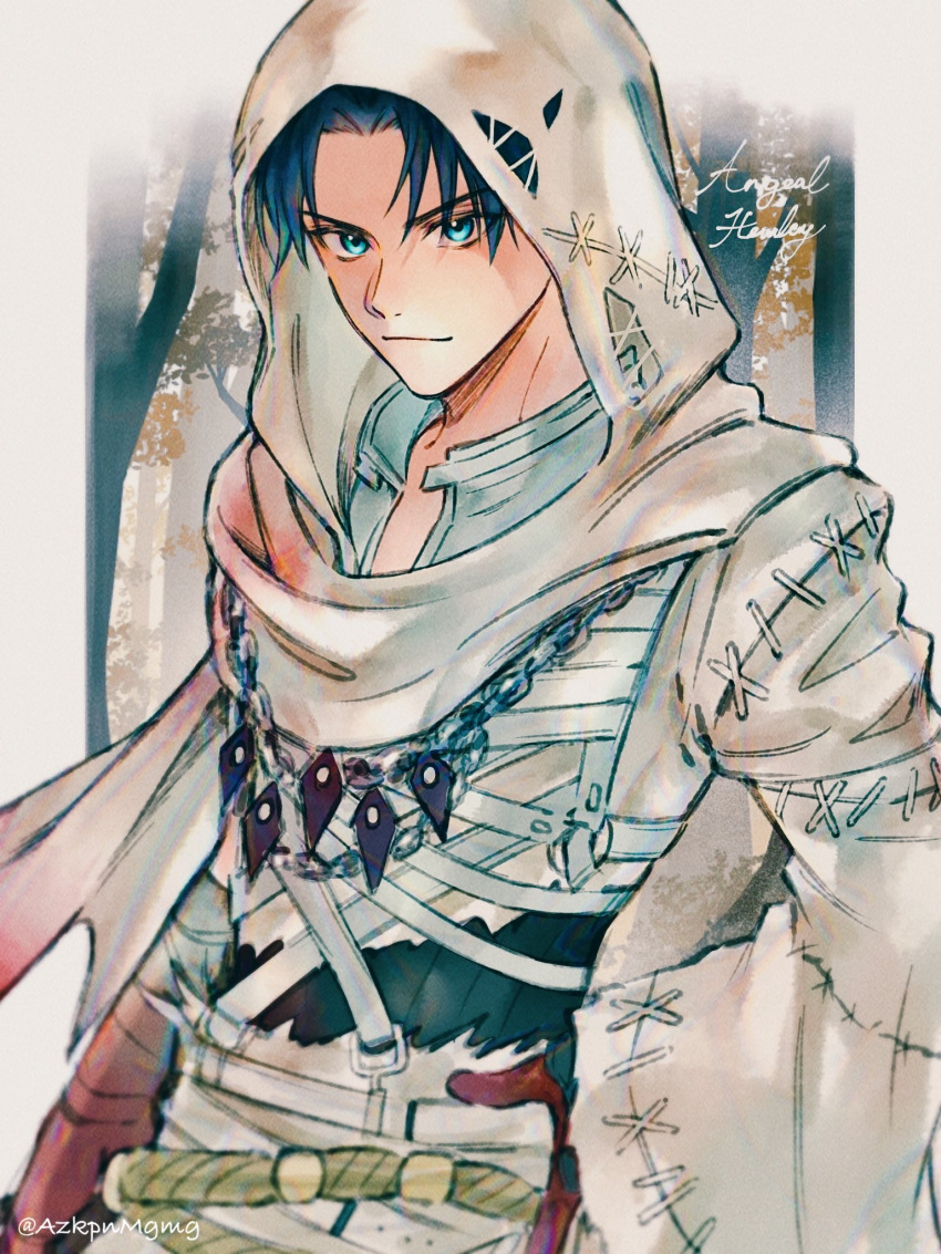 1boy, 3wa_tari, angeal_hewley, angeal_hewley_(ghost_robe), aqua_eyes, bandaged_chest, black_hair, blood