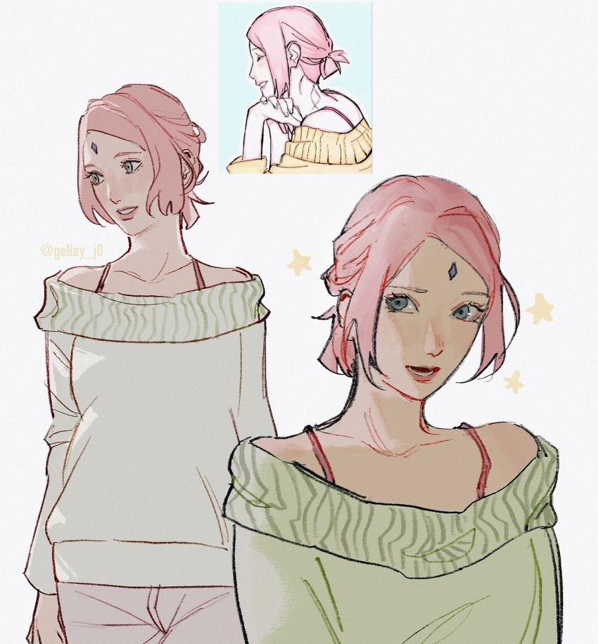 1girl, breasts, facial_mark, forehead_mark, gelley_j0, grey_eyes, hair_bun, haruno_sakura, highres, medium_breasts, medium_hair, multiple_views, naruto_(series), off-shoulder_sweater, off_shoulder, open_mouth, pants, parted_bangs, parted_lips, smile, solo, sweater, twitter_username, upper_body, white_background, white_pants