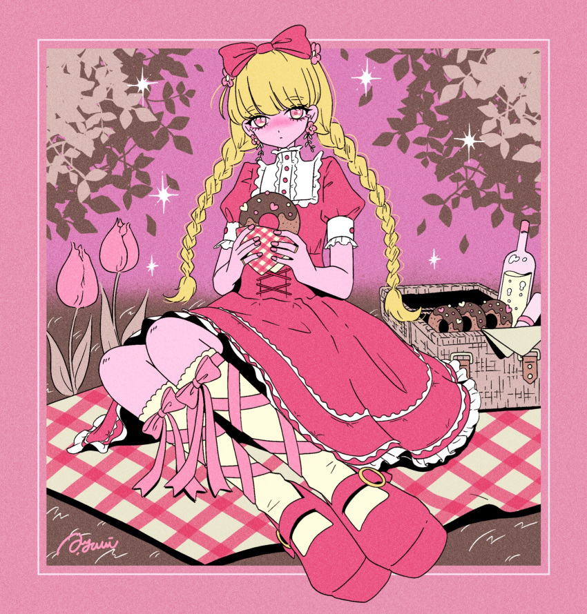 1girl, blonde_hair, blunt_bangs, blush, border, bow, braid, closed_mouth