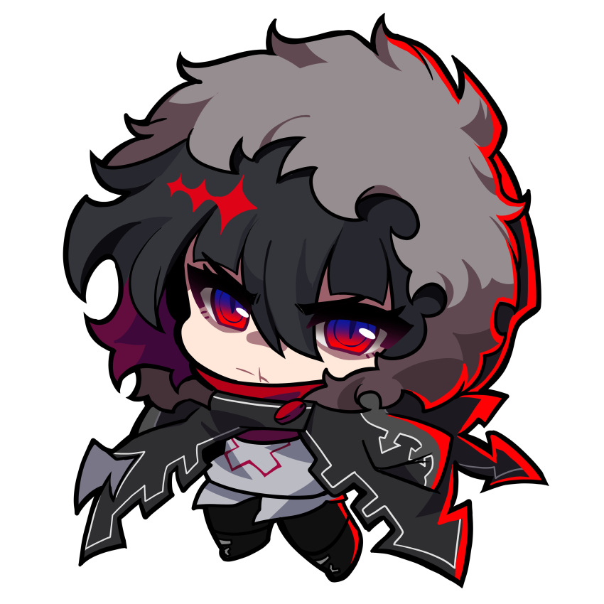 1girl, :/, absurdres, aegyo_sal, arrow_print, black_hair, black_jacket, bob_cut, chibi, chibi_only, commentary, condom_in_hair, demon_tail, english_commentary, full_body, fur-trimmed_hood, fur_trim, graveweaver, hair_between_eyes, highres, hood, i'm_the_grim_reaper, jacket, looking_at_viewer, official_alternate_costume, outstretched_arms, red_eyes, red_scarf, scar, scar_on_face, scar_on_mouth, scarf, scarlet_(i'm_the_grim_reaper), shirt, short_hair, sidelighting, solo, tail, white_shirt, x_(symbol)